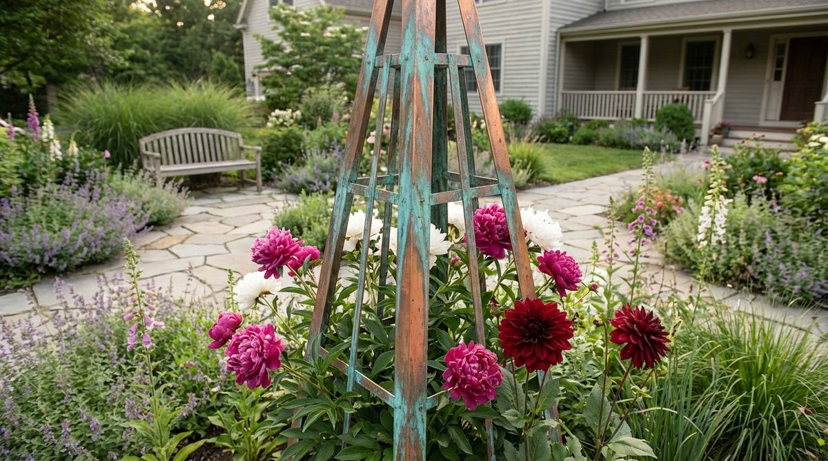 Decorative copper plant support in pyramid or obelisk shape providing structural accent and sculpture in cottage garden design. Supports heavy-headed flowers like peonies or dahlias while allowing light and air circulation. Copper develops verdigris patina from orange to turquoise over seasons.
