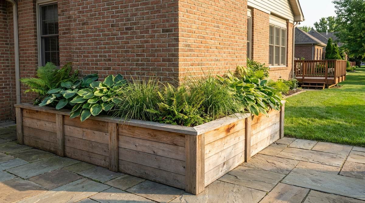 An L-shaped planter designed to wrap around exterior corners of buildings or decks, maximizing awkward spaces with a perpendicular design that creates continuous planting lines around right angles. Ideal for foundation plantings and solving layout challenges in rectangular outdoor areas.