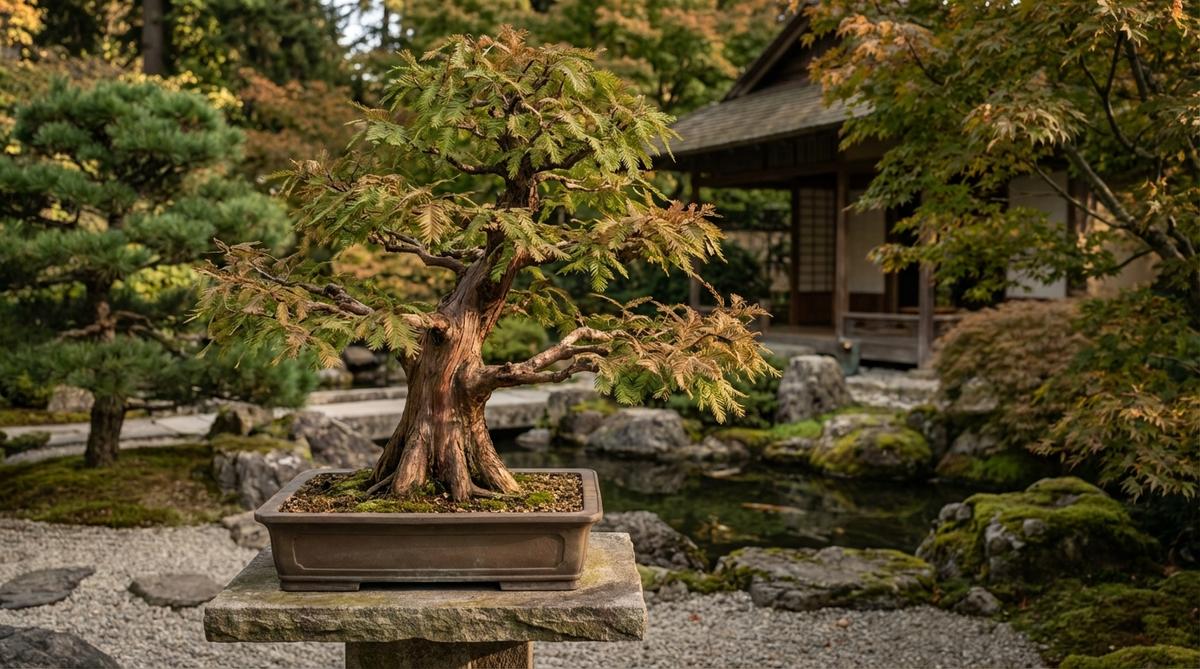 A Dawn Redwood bonsai (Metasequoia glyptostroboides) in a Japanese garden setting, showcasing its opposite branching pattern and deciduous needles that transition from bright green to bronze. This fast-growing conifer is ideal for bonsai due to its rapid trunk development and tolerance of urban conditions.