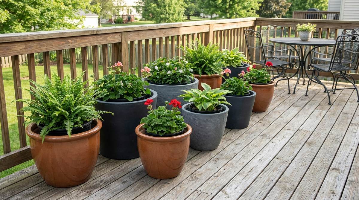 A collection of decorative cachepots in ceramic, fiber-cement, and resin materials, used to conceal plastic nursery containers while adding aesthetic appeal to balcony plant arrangements. The cachepots are shown 2-3 inches larger than the inner pots to allow proper air circulation, with coordinated finishes creating a cohesive look across multiple planters.