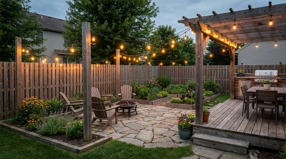 A backyard garden illuminated by DIY string lights, showing weatherproof lights strung between fence posts and structures to create a cozy evening ambiance.