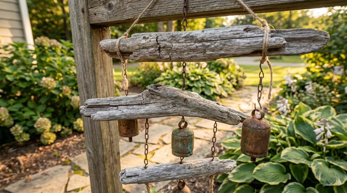A close-up photograph of rustic garden decor featuring weathered driftwood pieces suspended with vintage metal bells to create a musical wind chime. The aged wood tones and oxidized metal elements combine to form a cohesive rustic composition, perfect for adding ambient sound to outdoor spaces. The image shows the natural materials and craftsmanship details that make this driftwood wind chime ideal for gardens, patios, or arbors.