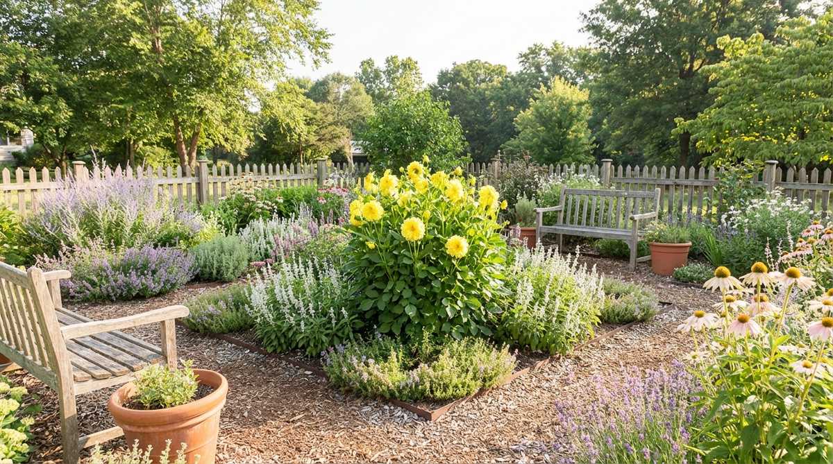 A vibrant dwarf dahlia with fully double blooms in a bright color, showcasing its compact growth and lush foliage in a small garden setting.