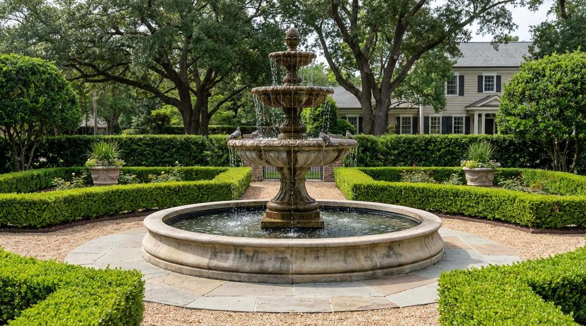A multi-tiered stone fountain reaching 5-8 feet tall, serving as a central axis in a formal garden with cascading water that masks urban noise and attracts wildlife. The fountain is installed on a reinforced pad with proper plumbing and pump capacity for optimal flow rates.
