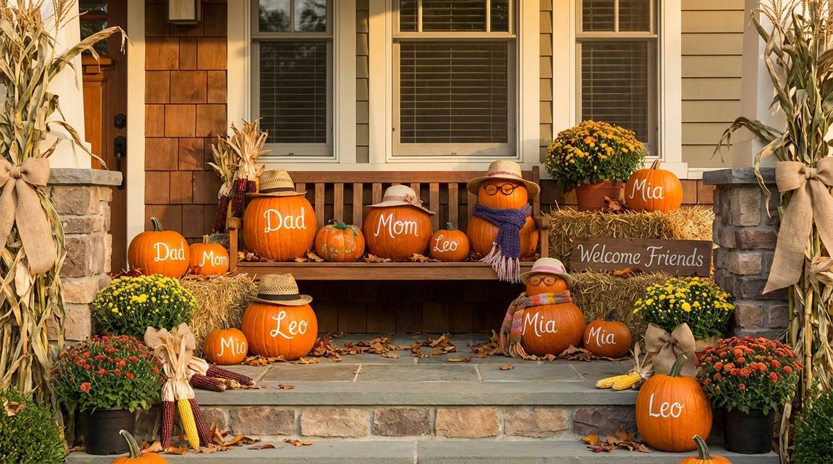 A creative outdoor fall decor idea featuring a family of pumpkins arranged as a portrait, with various sizes representing household members. Each pumpkin is personalized with painted names, decorative hats, or accessories to reflect individual personalities, adding a playful and whimsical touch to Thanksgiving displays. This engaging activity involves children and enhances seasonal storytelling, positioned prominently at entryways to warmly welcome holiday guests.