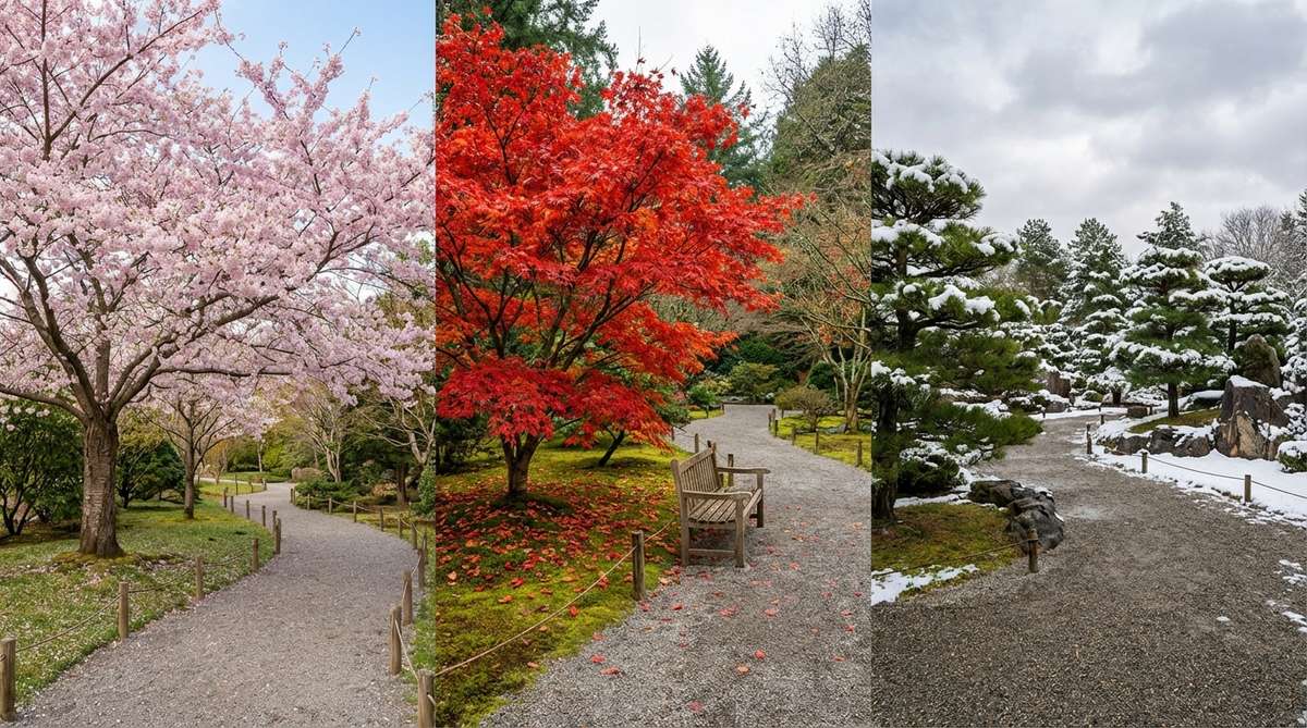 A serene Zen garden path featuring distinct seasonal specimens: cherry blossoms in spring, Japanese maple with vibrant fall colors, and structured pine trees in winter, arranged as stations along a walking path to showcase seasonal progression.