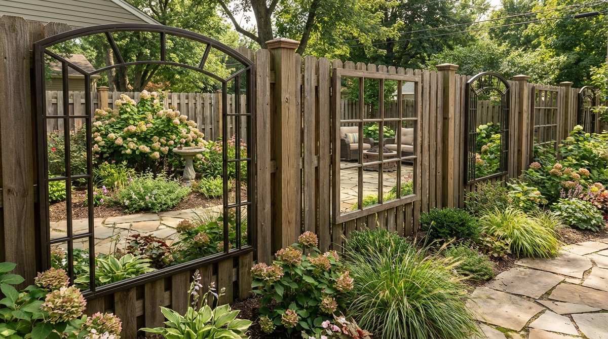 Weatherproof mirrors mounted on back fences reflect the garden forward, creating the illusion of depth and additional space beyond. Position mirrors to reflect attractive garden views and frame them to resemble garden gates or windows for convincing depth effects.
