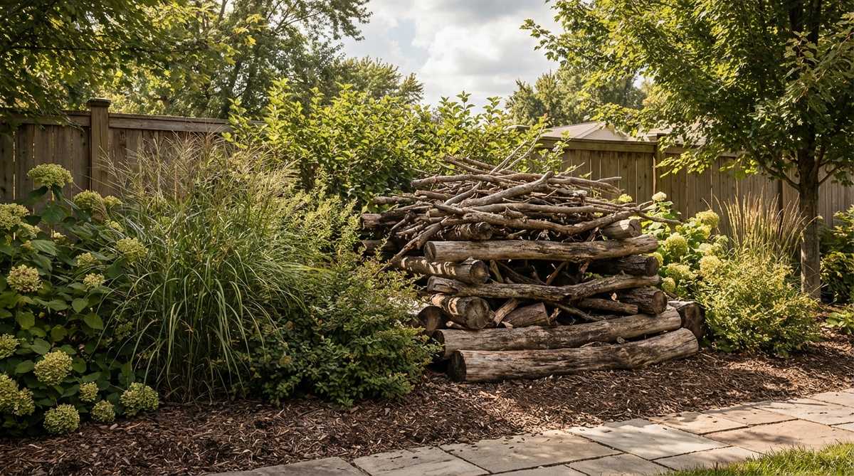 Artfully arranged branches and logs creating shelter for ground-dwelling birds and beneficial insects in a garden setting. The brush pile is strategically placed behind screening plants to maintain a tidy appearance while providing wildlife value, with larger branches at the base and progressively smaller material above in a loosely structured pile that allows air circulation and multiple entry points.