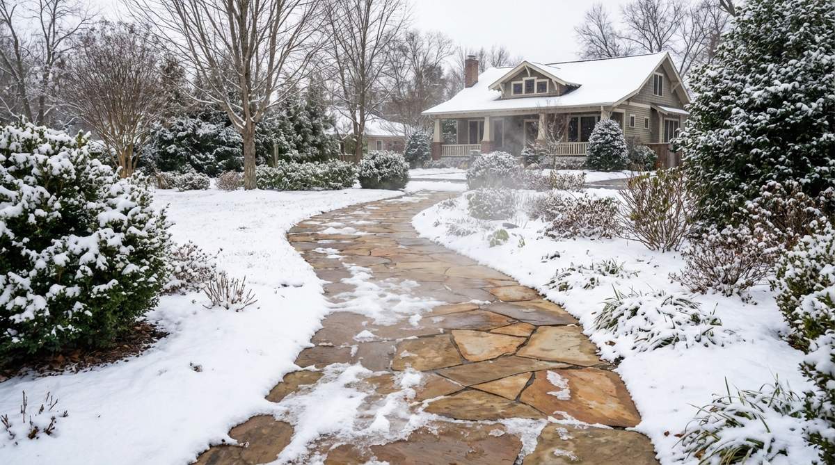 A stone garden pathway with radiant heating system melting snow and ice during winter, providing safe access without manual snow removal.