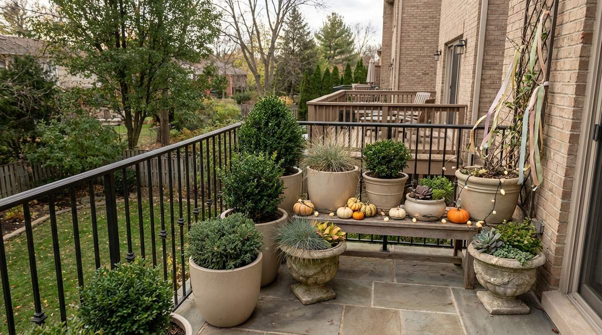 A balcony plant display featuring seasonal decorations like miniature pumpkins, holiday lights, and spring ribbons in neutral-colored containers. The plants remain constant while accessories rotate to refresh the look throughout the year.