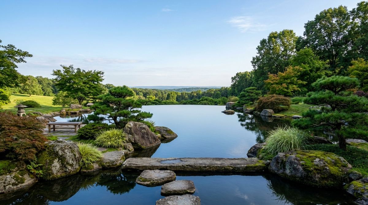 A Japanese garden pond with an infinity-edge design where the water's far edge aligns perfectly with the natural horizon, creating a seamless visual effect that makes the water appear to extend infinitely into the landscape. This technique merges the garden with the surrounding environment into a unified composition, typically requiring careful elevation planning and specific topography.