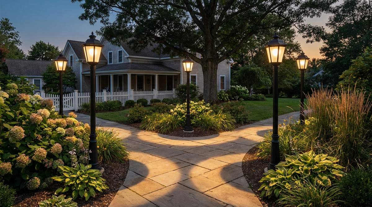 Traditional lantern post lights with modern LED technology, ideal for garden entries and pathway intersections. Features vertical design with heights of 7-9 feet, providing broad circular lighting patterns without glare.