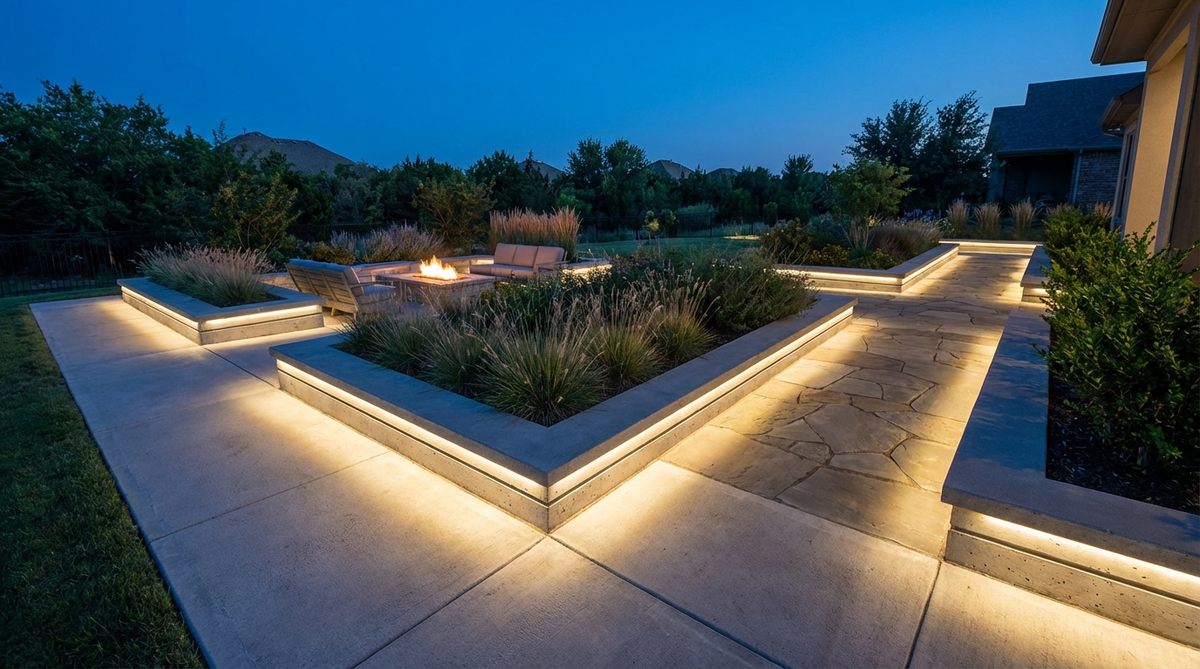 Modern garden design featuring linear LED concrete edging with continuous LED strips installed along concrete borders. The lighting emphasizes clean geometric edges and guides movement through the garden space, with recessed channels protecting the IP-rated outdoor fixtures.