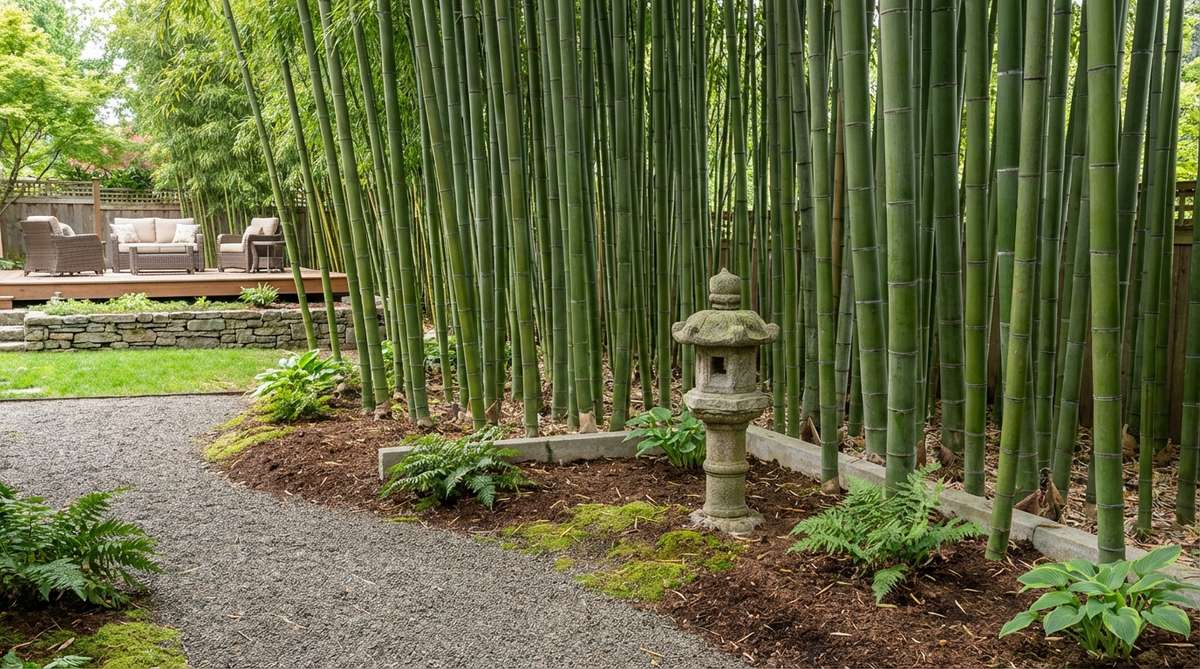 Moso bamboo (Phyllostachys edulis) with thick 4-6 inch diameter culms reaching 50-70 feet tall, creating an impressive presence in a Japanese garden landscape. The running bamboo requires root barriers and thrives in zones 8-10 with full sun, rich soil, and consistent moisture.