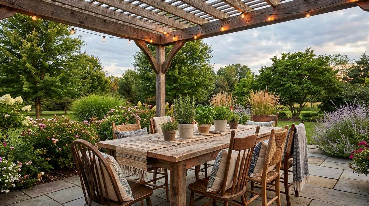 A boho-style outdoor dining area featuring a reclaimed wood farm table under a pergola, surrounded by mismatched chairs, layered with outdoor textiles, potted herb centerpieces, and string lights for evening ambiance.
