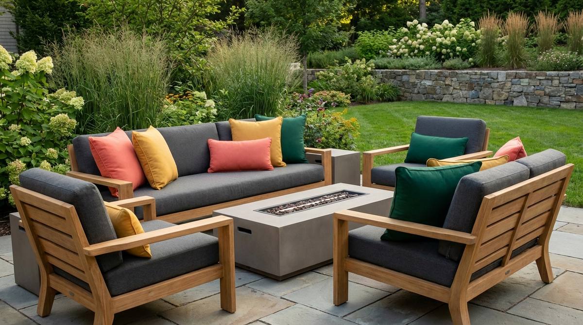 Rectangular lumbar-shaped outdoor throw pillows in coral, mustard, and emerald colors with performance fabrics, providing lower back support and vibrant accents for modern garden furniture. Features removable covers and sizes from 12x20 to 18x18 inches.