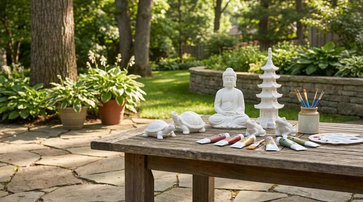 A set of blank resin figurines including Buddha statues, pagodas, and animals with acrylic paints and brushes for creative painting. This therapeutic activity allows customization with traditional Japanese color palettes or personal schemes, perfect for enhancing zen garden miniatures.