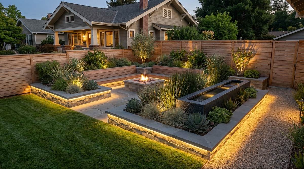 A modern garden at dusk with low-level perimeter accent lighting creating glowing edges along the boundaries. Directional fixtures illuminate geometric garden layouts from within the property, enhancing security while maintaining a clean aesthetic. The linear light pattern defines property limits without solid fencing, showcasing flexible lighting zones for evening control.