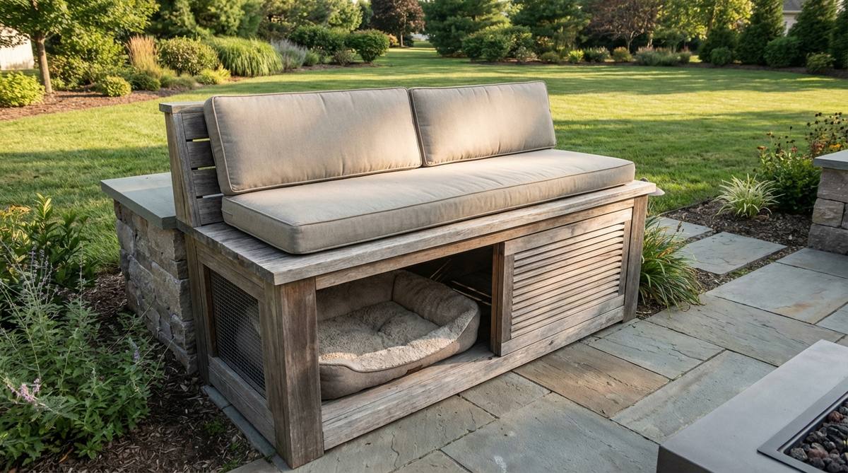 A bench or elevated platform with an integrated pet bed beneath the human seating area, featuring mesh sides or slatted panels for ventilation and visual separation, and removable cushions for easy cleaning.