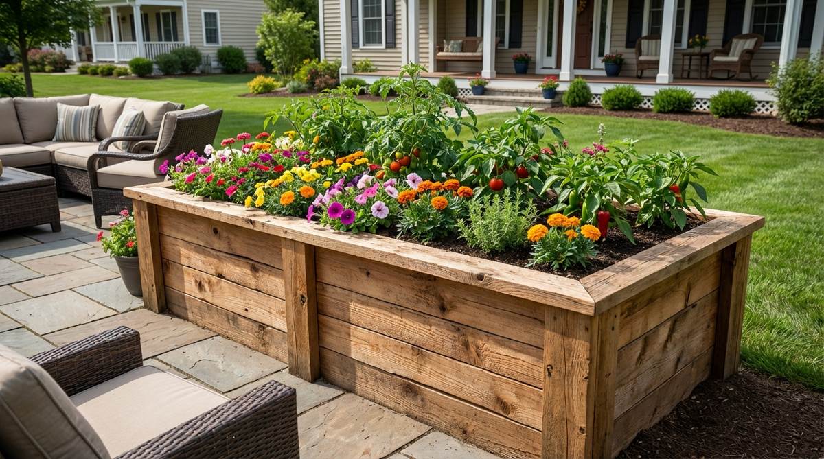 A raised planter bed made from cedar wood, filled with vibrant flowers and vegetables, serving as both a functional garden element and decorative outdoor feature that improves drainage and reduces maintenance bending.
