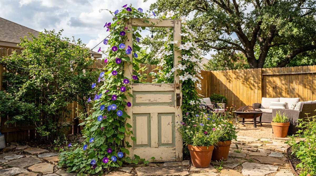 A vintage door repurposed as a trellis in a boho garden, featuring paneled structure with aged paint, supporting climbing plants like morning glories and clematis for seasonal coverage.