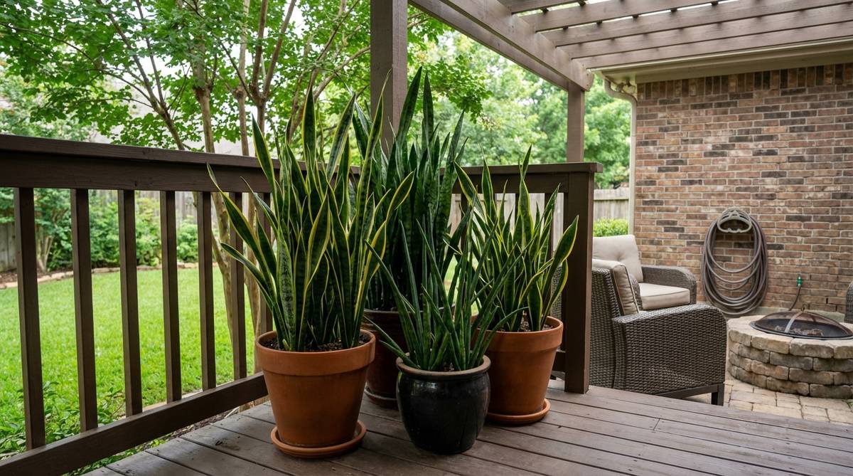 A snake plant (Sansevieria) with stiff upright leaves in green and variegated patterns, thriving in a balcony garden setting. This air-purifying plant is shown in low to bright indirect light, illustrating its tolerance for neglect and suitability for shaded areas where other succulents may fail.
