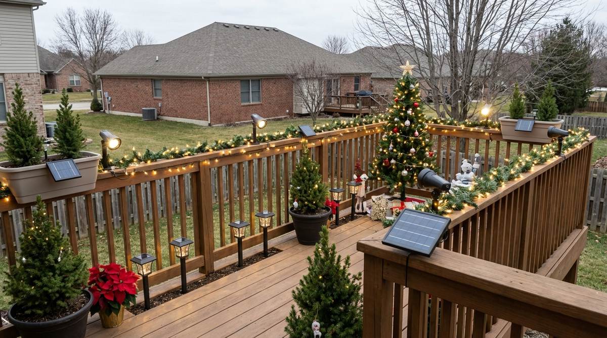 A festive balcony decorated for Christmas with various solar-powered lighting options including string lights, pathway lights, and accent spotlights, all powered by integrated photovoltaic panels positioned to receive optimal sunlight.