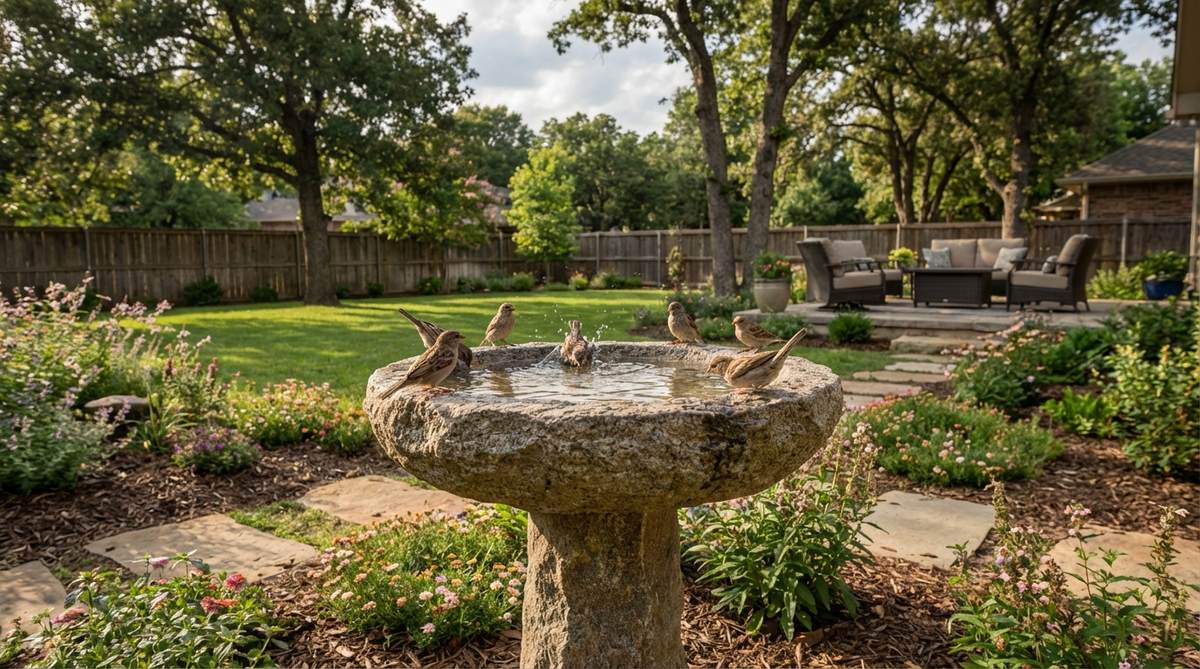 A shallow stone bowl bird bath with rough surface texture, approximately 18-24 inches in diameter, placed on a stone pedestal in a garden. Birds are bathing in the fresh water, demonstrating the secure footing provided by the natural stone material.