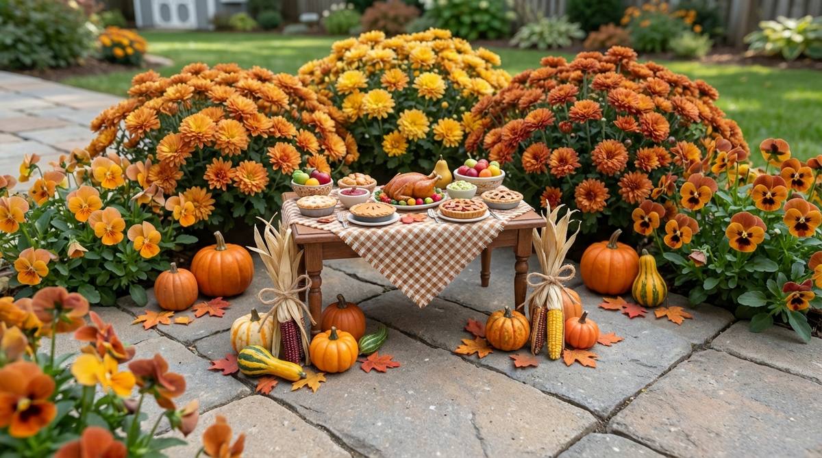 A miniature garden featuring a tiny harvest feast table surrounded by pumpkins, gourds, corn stalks, and autumn leaves, crafted with polymer clay foods and fall-colored plants like chrysanthemums or pansies for a warm, gratitude-themed seasonal display.