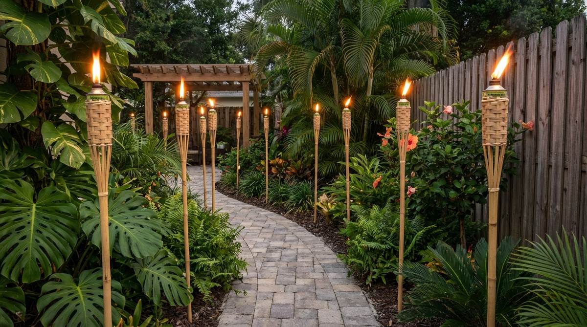 A row of bamboo tiki torches lining a pathway in a tropical garden, providing flickering ambient light and defining garden edges. Positioned 6-8 feet apart, they offer functional lighting and atmosphere, with citronella fuel for insect-repelling benefits.