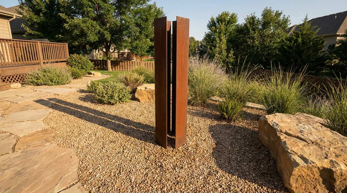 A contemporary vertical steel sculpture installed in a gravel garden, showcasing rusted patina that complements natural stone tones and casts interesting shadows across the gravel surface.