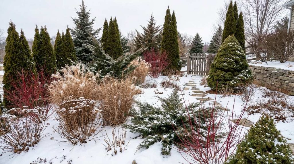 A winter garden scene showcasing structural elements like evergreens, ornamental grasses, and persistent seed heads, with bright accents from red-twig dogwood stems against snow, highlighting strategic pruning and garden architecture during the dormant season.