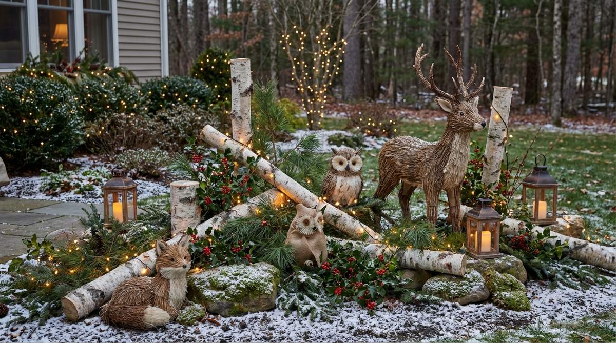 A festive outdoor Christmas decor scene featuring deer, fox, and forest creature figures combined with birch elements and evergreen naturals, creating an enchanted forest narrative. The nature-focused theme uses natural materials and earth tones, with elements layered at multiple depths from foundation beds to property edges, suggesting a woodland extending beyond boundaries. Ideal for outdoor enthusiasts seeking a seasonal and enchanting display.