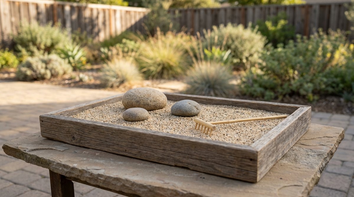 A shallow wooden tray with decomposed granite and three small stones, forming a miniature zen garden composition. Includes a small rake for creating patterns, designed as a portable meditation aid for close viewing on a low table.