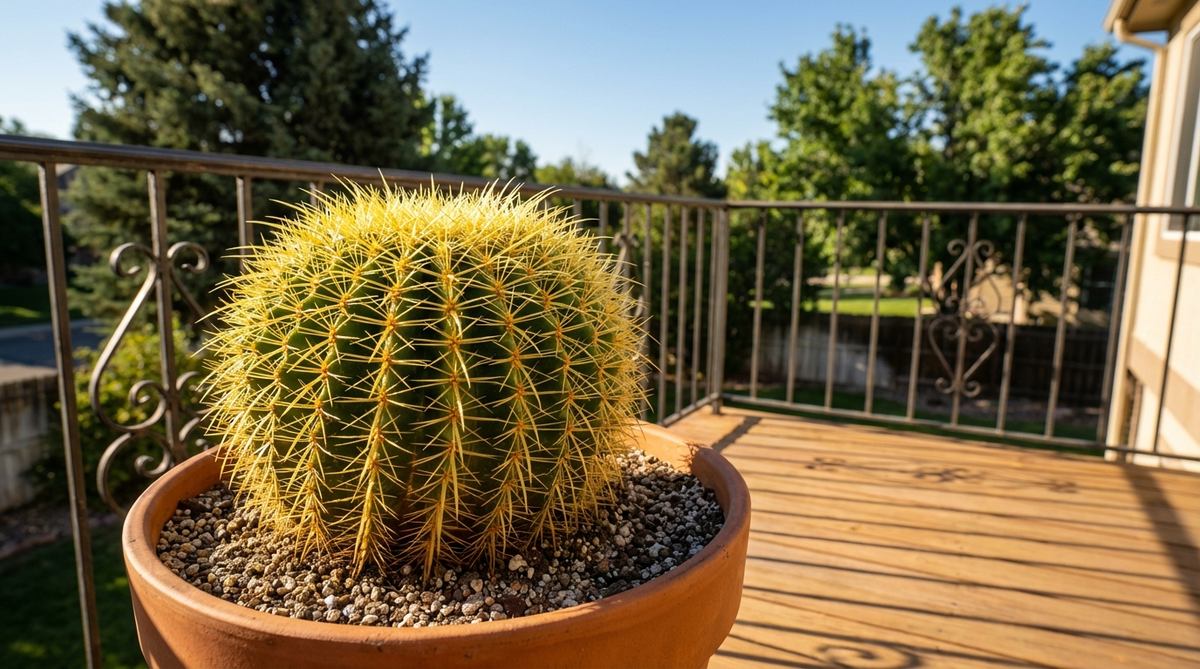 A golden barrel cactus with spherical shape and yellow spines, thriving in a container with cactus-specific soil on a sunny balcony, showcasing its role as a focal point in garden arrangements.