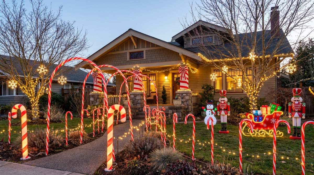 A festive outdoor Christmas decor setup featuring a Candy Cane Lane theme, with red and white striped elements like pathway markers, porch columns, and yard stakes. The design includes playful pattern repetition, whimsical lighting, fabric accents, and three-dimensional figures for strong curb appeal, ideal for family-friendly holiday displays.
