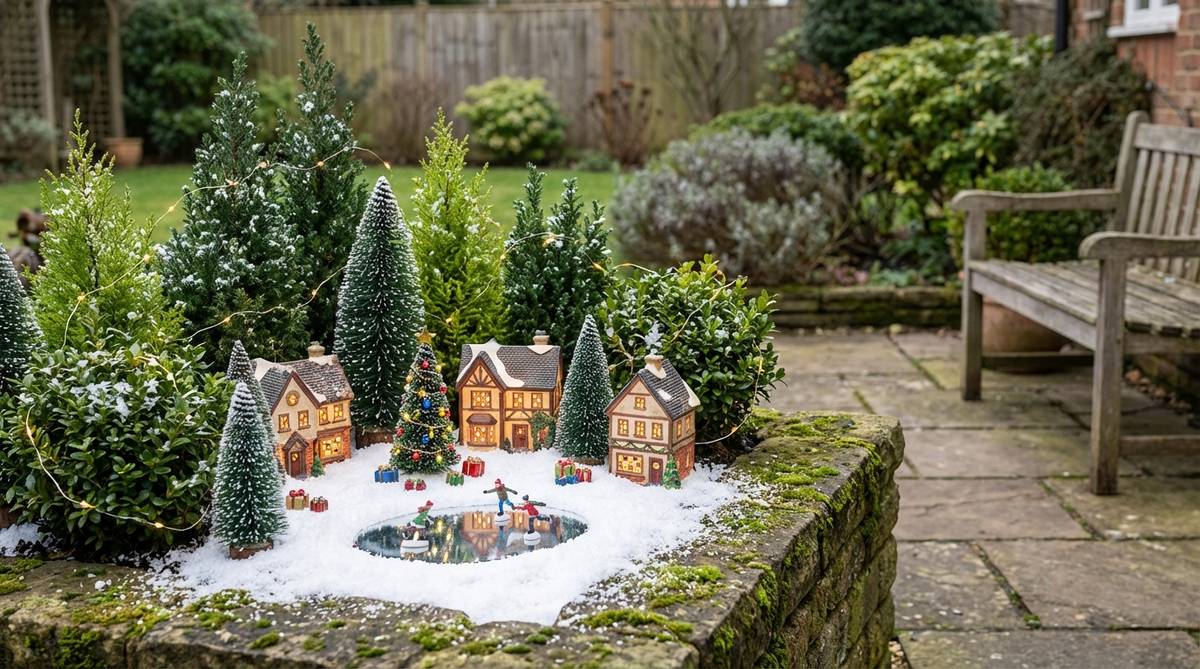 A festive mini garden featuring a Christmas village scene with small evergreen plants forming a forest around miniature houses that have glowing windows. The scene includes artificial snow, tiny presents, and a small decorated tree, enhanced by battery-operated micro LED lights for a warm glow and a mirror piece as a skating pond. This nostalgic holiday theme is a beloved annual tradition that resonates across generations.