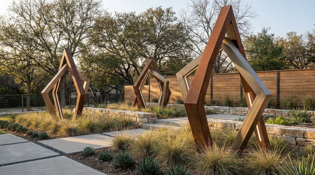 Modern artistic lighting fixtures with geometric forms and architectural metalwork that serve as daytime sculptures in garden decor. These bold designs feature clean lines and material honesty, suitable for visible placement in contemporary gardens where they contribute to the overall composition as statement pieces.