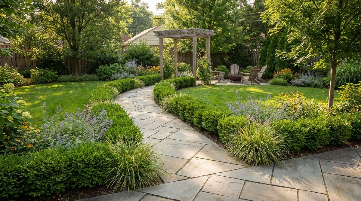 A diagonal pathway layout in a small backyard garden, showing a corner-to-corner path with consistent paving material and low edging plants that emphasize the extended sight line, enhancing the perceived space.