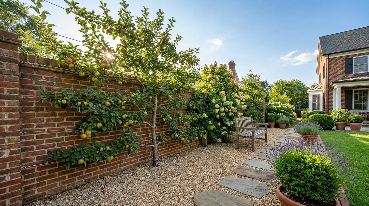 A vertical garden feature showing fruit trees or ornamental shrubs trained flat against a wall with horizontal wire supports, creating living wall art in a gravel garden setting. This espalier technique maximizes space by adding greenery without using ground-level area, combining formal structure with organic plant material through selective pruning and tying.