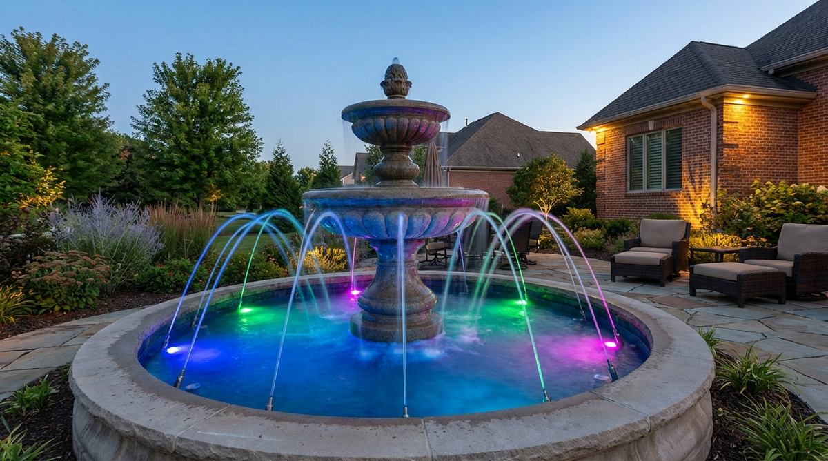 Color-changing RGB submersible lights installed in a fountain, illuminating water jets with synchronized programming for cohesive light shows. Stainless steel housings resist chlorine and mineral deposits in treated water features.