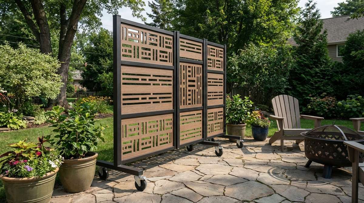 A freestanding privacy screen made from wood, metal, or composite materials, featuring decorative cutout patterns that cast interesting shadows. This portable screen blocks sight lines without permanent installation, allowing seasonal adjustment and mobile configurations with casters for small garden spaces.