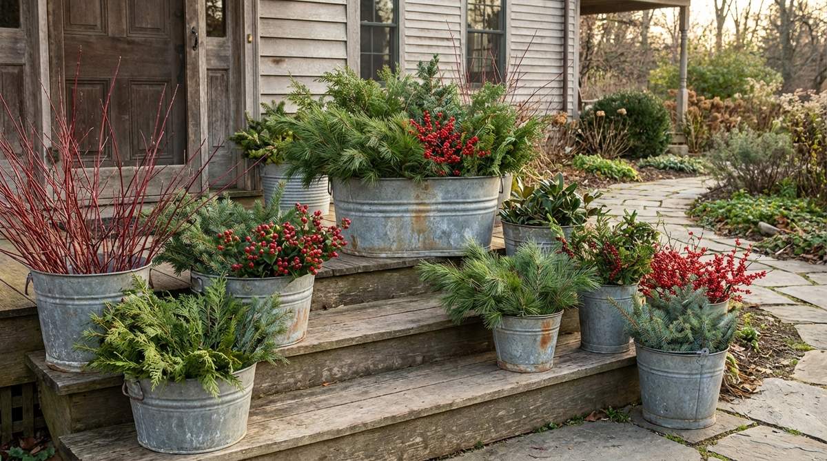 A rustic garden arrangement featuring aged galvanized metal buckets and washtubs filled with evergreen branches, berry stems, and red twig dogwood. The industrial metal surfaces contrast beautifully with organic plant materials, creating farmhouse-style displays ideal for doorways, porch steps, or outdoor seating areas.