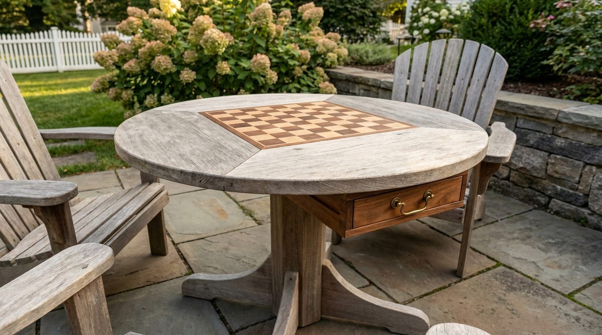 A versatile game table with a reversible top, featuring a chess/checkers/backgammon board on one side and a standard dining surface on the other. Includes built-in storage drawers for game pieces and accessories, designed for small garden spaces with standard dining height and diameter for multi-functional use.