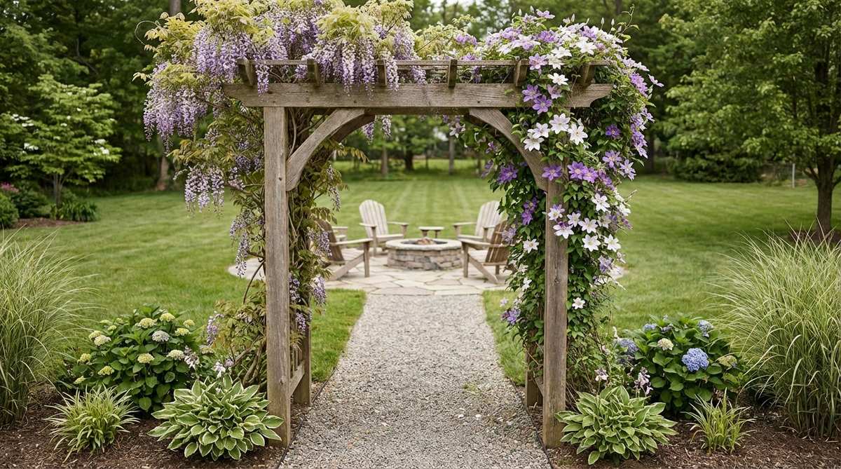 A garden arch gateway framing a transition between zones, with flowering vines trained across it for seasonal color, creating a vertical structure that adds spatial layering above ground-level plantings.