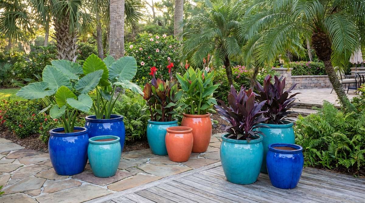 A collection of glazed ceramic planters in bright cobalt blue, turquoise, and coral colors arranged in a tropical garden setting. Large containers ranging from 18-30 inches in diameter create focal points, grouped in sets of three with varying heights. Planted with bold foliage plants like elephant ears, cannas, and cordylines.