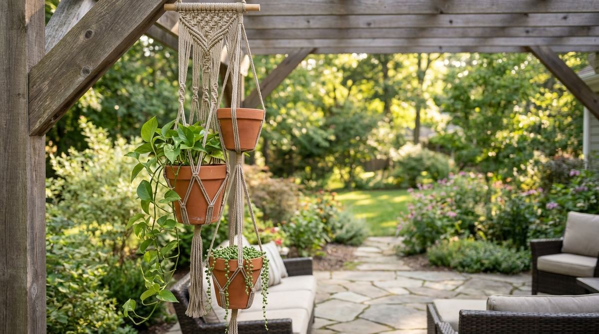 A hanging macrame plant holder made from weather-resistant synthetic cord, displaying potted trailing plants like pothos or string of pearls at staggered heights, adding a bohemian and handcrafted touch to outdoor decorations.