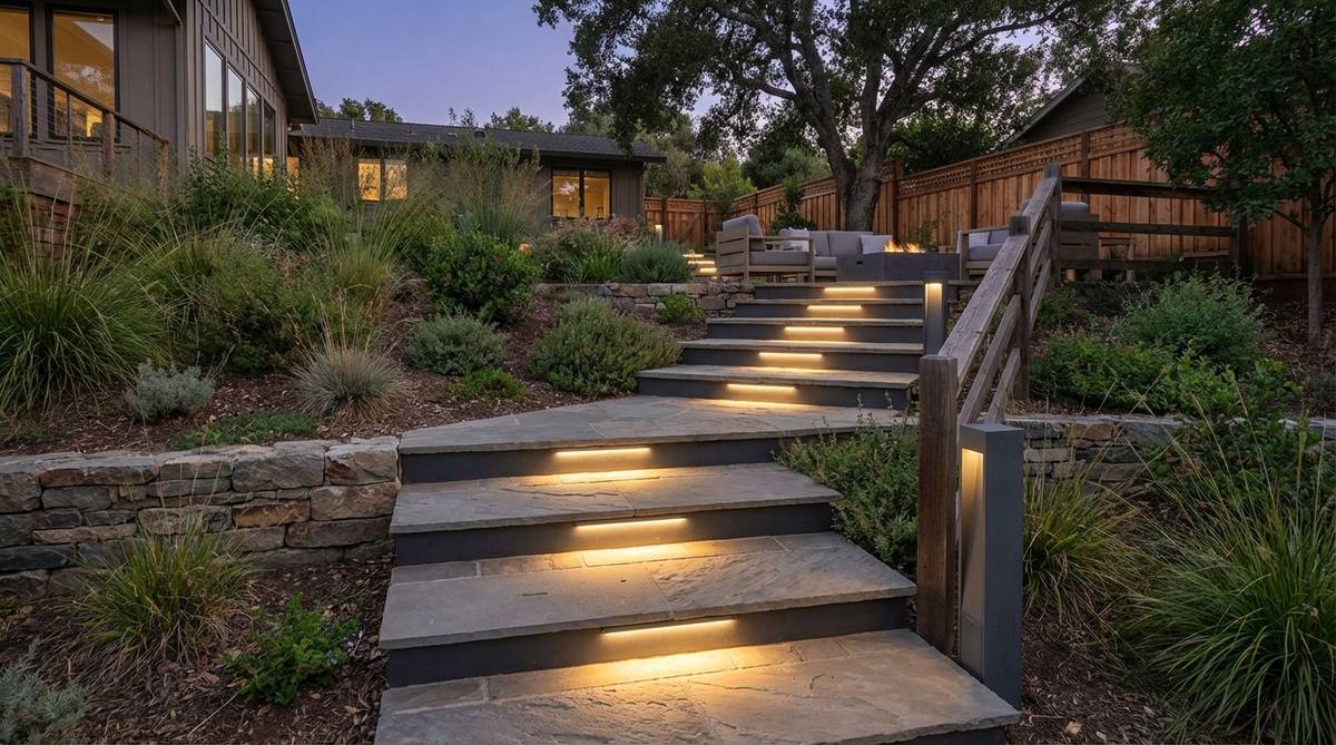 A contemporary garden staircase featuring illuminated step risers with integrated LED light strips. The vertical lighting on each riser enhances safety by clearly defining each tread while adding architectural detail to the modern garden design. The installation shows durable fixtures designed to withstand foot traffic impact.