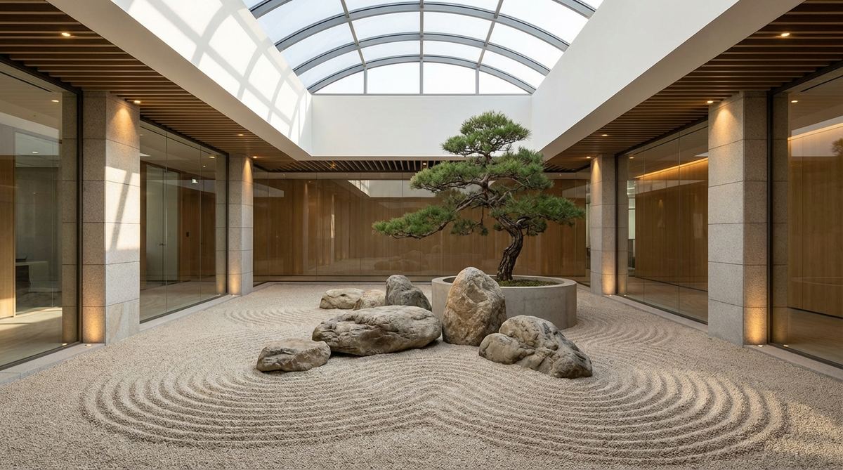 A minimalist Japanese karesansui garden installation in a corporate or residential atrium with skylight illumination. The dry landscape features carefully arranged stones and pristine raked gravel patterns, enhanced by both natural and artificial lighting to create a serene, weather-protected zen environment.