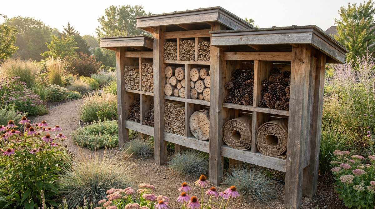 A multi-chamber insect hotel installation in a garden setting, featuring bamboo tubes, drilled logs, pine cones, and corrugated cardboard materials to house beneficial insects. The structure is mounted facing southeast to catch morning sunlight, with roof overhangs protecting nesting chambers from precipitation while maintaining interior dryness.